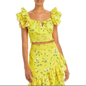 Alice + Olivia Shanae Floral Print Smocked Cropped Yellow Size Large